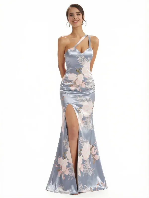 Elegant One Shoulder Side Slit Mermaid Floral Satin Maxi Floral Formal Dresses For Women sold by ChicSew