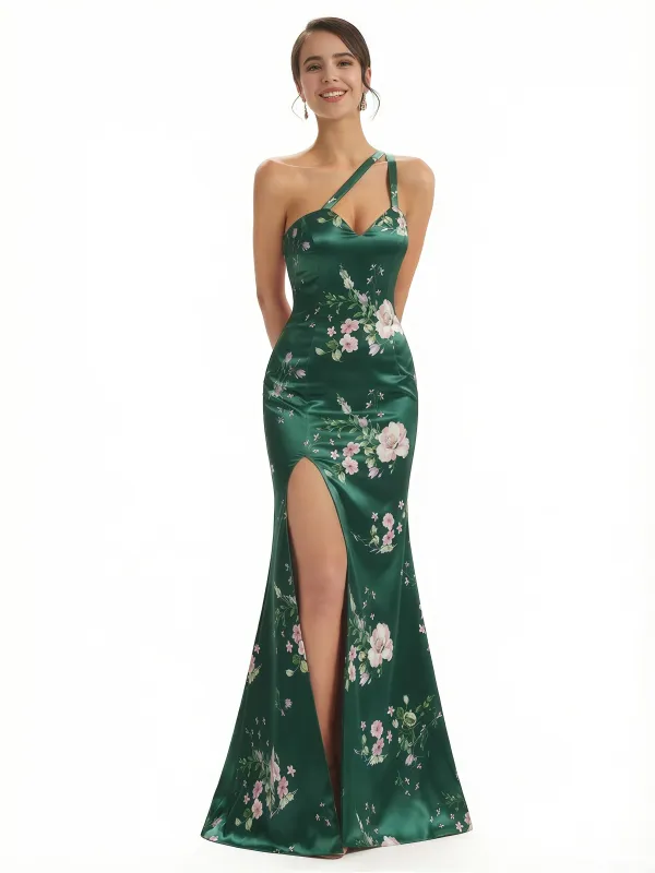 Elegant One Shoulder Side Slit Mermaid Floral Satin Maxi Floral Formal Dresses For Women sold by ChicSew