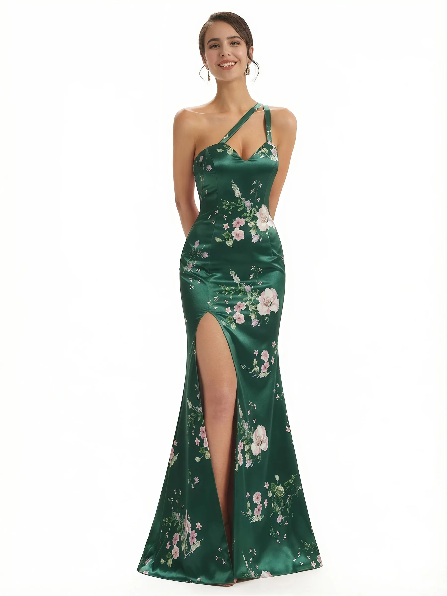 Elegant One Shoulder Side Slit Mermaid Floral Satin Maxi Floral Formal Dresses For Women sold by ChicSew