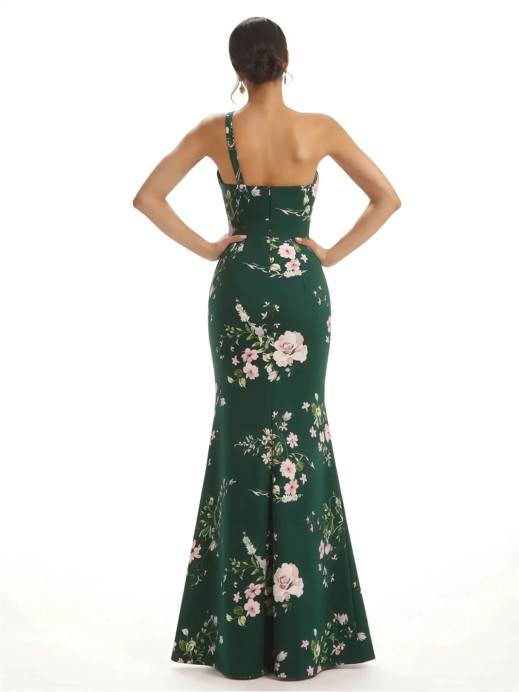 Elegant One Shoulder Side Slit Mermaid Floral Satin Maxi Floral Formal Dresses For Women sold by ChicSew product image thumbnail 2