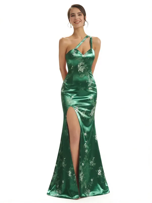 Elegant One Shoulder Side Slit Mermaid Floral Satin Maxi Floral Formal Dresses For Women sold by ChicSew