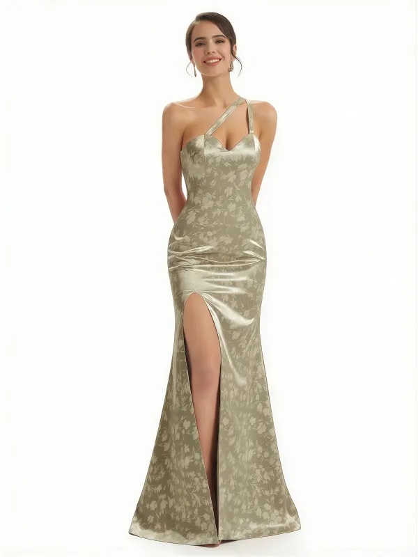 Elegant One Shoulder Side Slit Mermaid Floral Satin Maxi Floral Formal Dresses For Women sold by ChicSew
