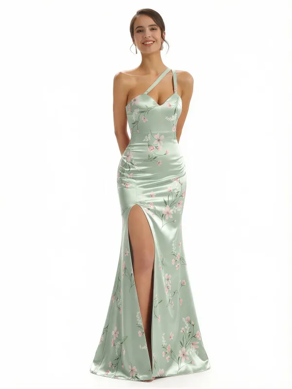 Elegant One Shoulder Side Slit Mermaid Floral Satin Maxi Floral Formal Dresses For Women sold by ChicSew