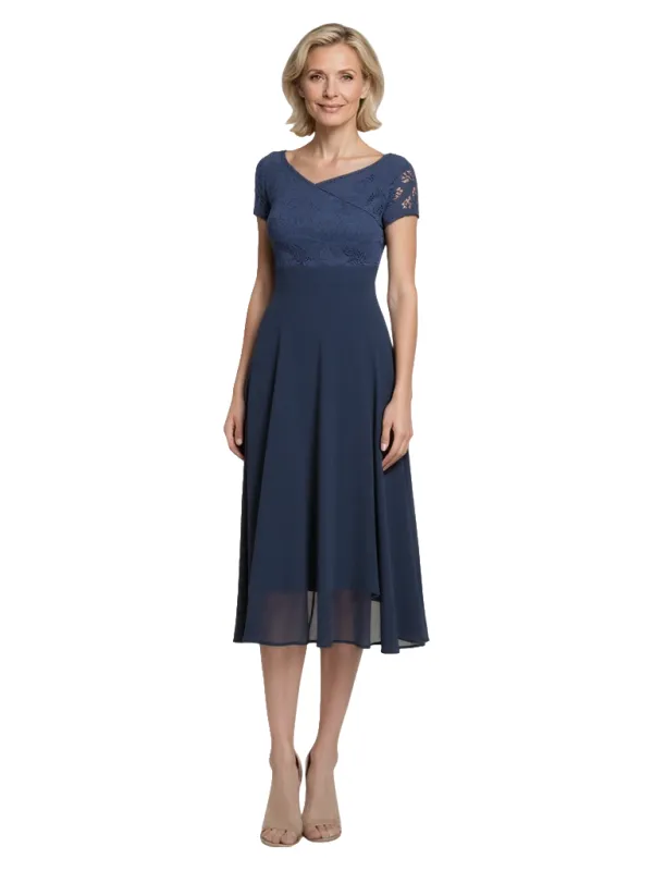 Elegant V-neck Short Sleeves Chiffon A-Line Tea Length Mother of The Bride Dresses sold by ChicSew