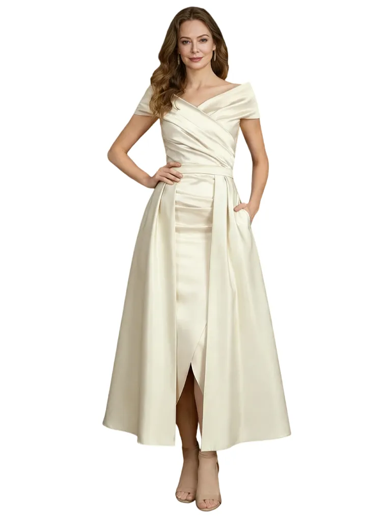 Elegant Off The Shoulder Satin Short Mother Of The Bride Dresses Overskirt sold by ChicSew