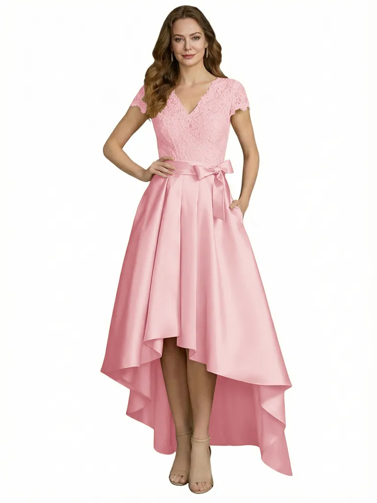 Elegant V-Neck Short Sleeves Lace A-Line High-Low Satin Mother Of The Bride Dresses sold by ChicSew product image thumbnail 5