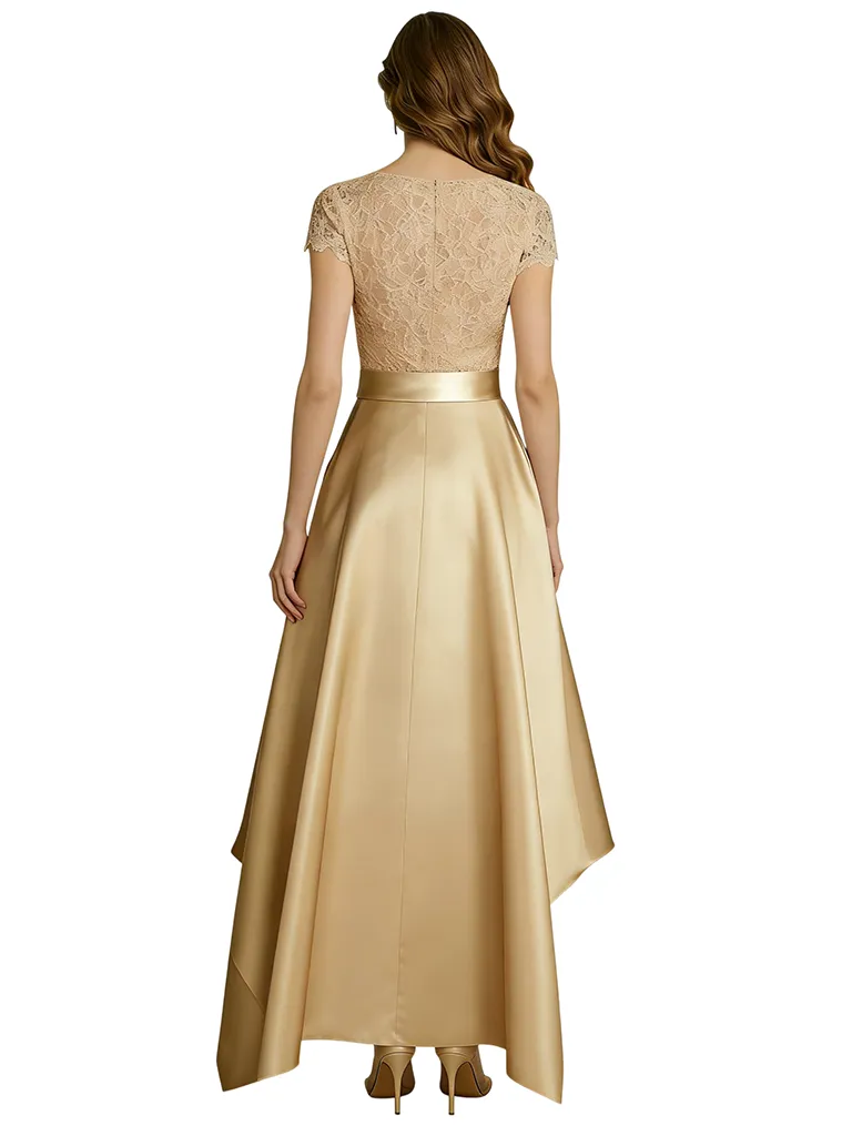 Elegant V-Neck Short Sleeves Lace A-Line High-Low Satin Mother Of The Bride Dresses sold by ChicSew product image thumbnail 2