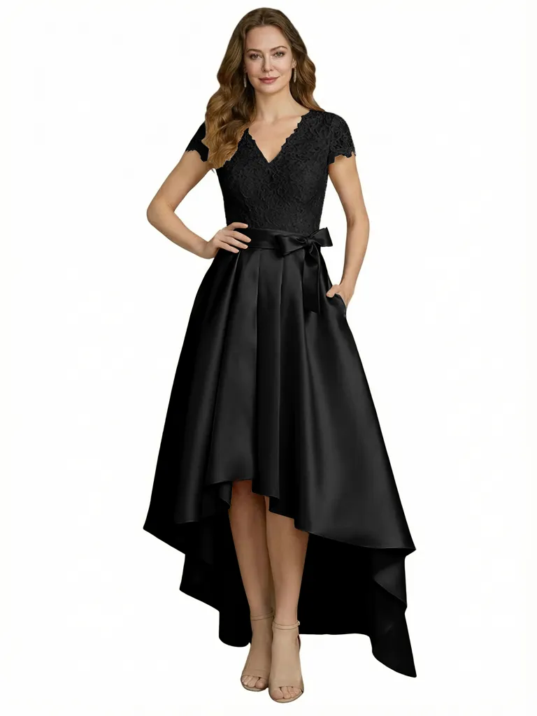 Elegant V-Neck Short Sleeves Lace A-Line High-Low Satin Mother Of The Bride Dresses sold by ChicSew product image thumbnail 3