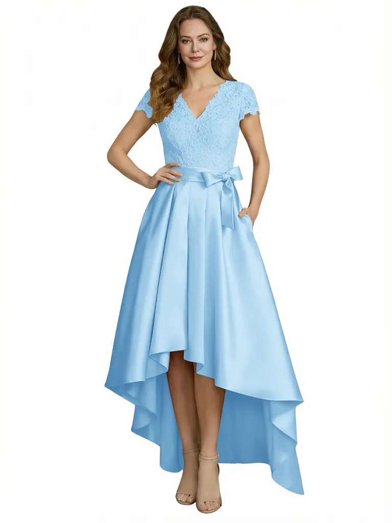 Elegant V-Neck Short Sleeves Lace A-Line High-Low Satin Mother Of The Bride Dresses sold by ChicSew product image thumbnail 4