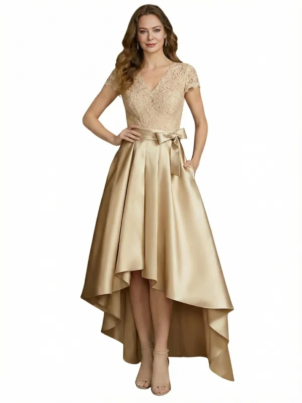Elegant V-Neck Short Sleeves Lace A-Line High-Low Satin Mother Of The Bride Dresses sold by ChicSew