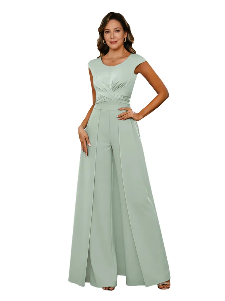 Elegant Cap Sleeves Scoop Satin Pantsuit Mother Of The Bride Dresses Overskirt sold by ChicSew