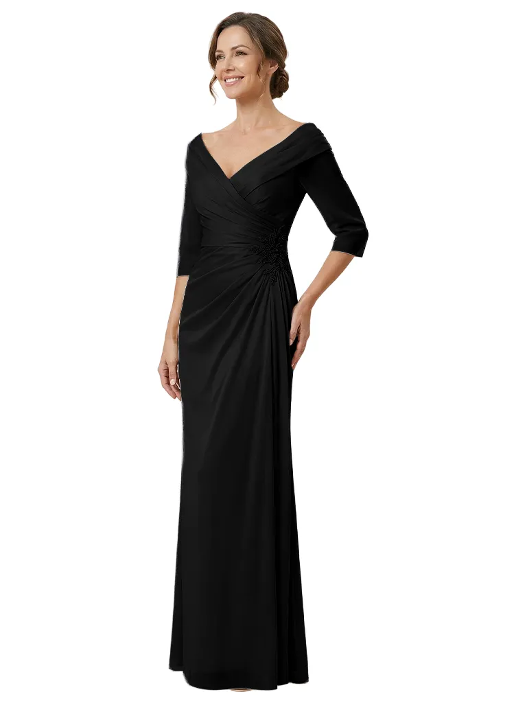 Elegant V-Neck Off Shoulder Ruched Satin Mermaid Mother Of The Bride Dresses With Sleeve sold by ChicSew product image thumbnail 3