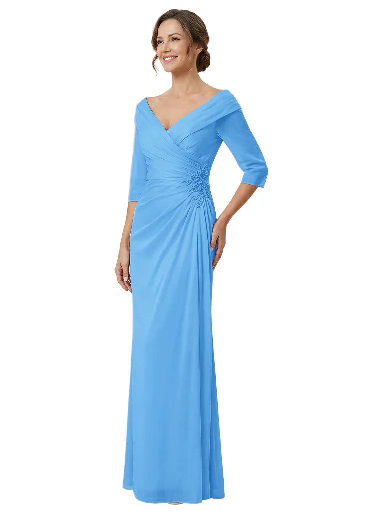 Elegant V-Neck Off Shoulder Ruched Satin Mermaid Mother Of The Bride Dresses With Sleeve sold by ChicSew product image thumbnail 4