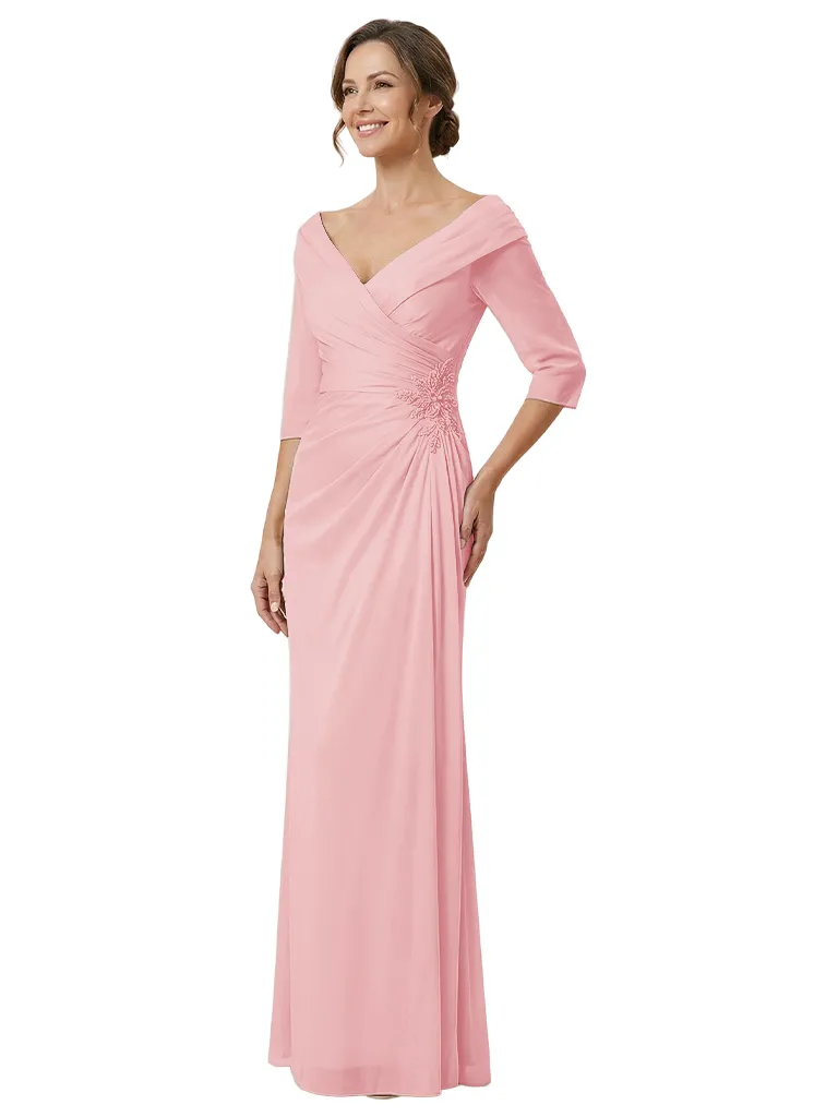 Elegant V-Neck Off Shoulder Ruched Satin Mermaid Mother Of The Bride Dresses With Sleeve sold by ChicSew product image thumbnail 5