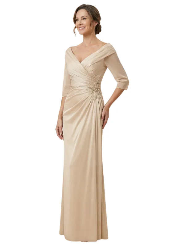 Elegant V-Neck Off Shoulder Ruched Satin Mermaid Mother Of The Bride Dresses With Sleeve sold by ChicSew