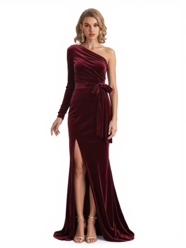 Sexy One Shoulder Velvet Mermaid Side Slit Long Winter Evening Dresses for Women sold by ChicSew