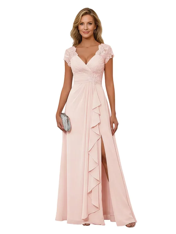 Elegant V-neck Cap Sleeves Ruffles Chiffon A-Line Mother of The Bride Dresses sold by ChicSew