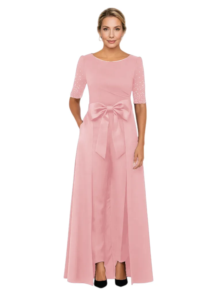 Elegant Half Sleeves Bow Knot Satin Pantsuit A-Line Mother Of The Bride Dresses Overskirt sold by ChicSew product image thumbnail 5