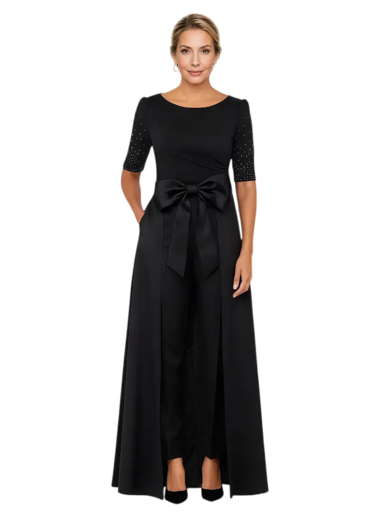 Elegant Half Sleeves Bow Knot Satin Pantsuit A-Line Mother Of The Bride Dresses Overskirt sold by ChicSew