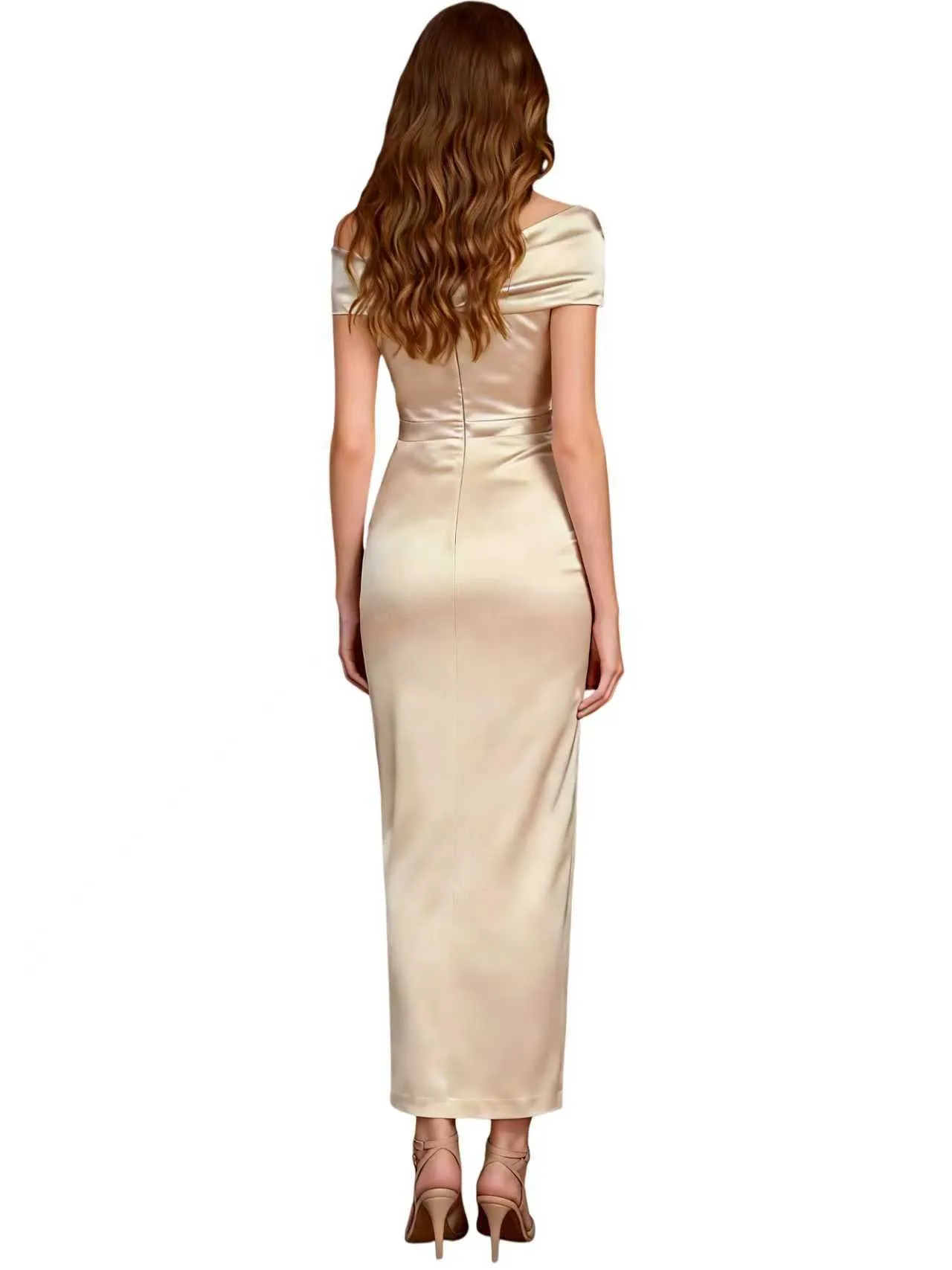 Elegant V-Neck Off Shoulder Ruched Satin Maxi Mother Of The Bride Dresses sold by ChicSew product image thumbnail 2