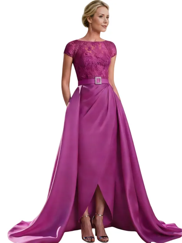 Elegant Cap Sleeves Jewel Lace Top Satin Mother Of The Bride Dresses Overskirt sold by ChicSew