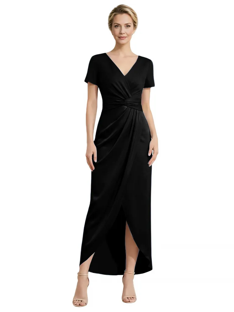 Elegant V-Neck Short Sleeves Ruched Satin Side Slit Mermaid Mother Of The Bride Dresses sold by ChicSew product image thumbnail 3