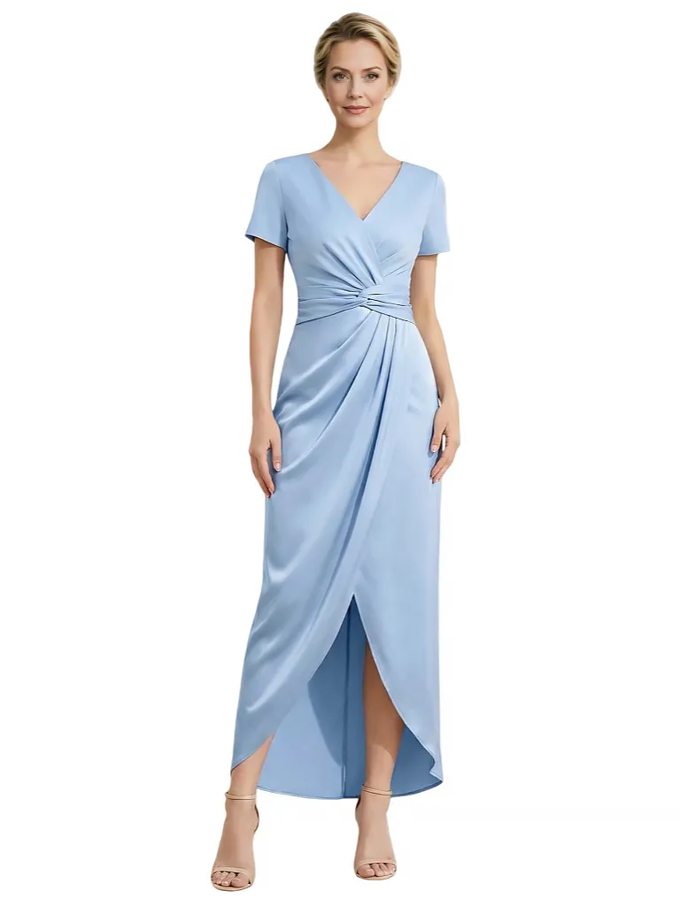 Elegant V-Neck Short Sleeves Ruched Satin Side Slit Mermaid Mother Of The Bride Dresses sold by ChicSew
