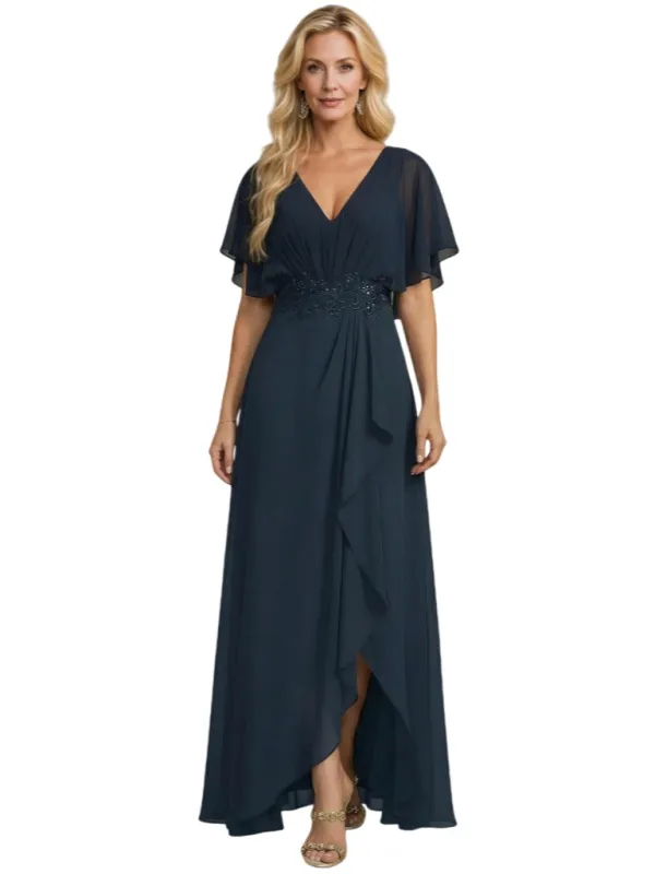 Elegant V-Neck Side Slit Flutter Sleeves Chiffon A-Line Mother of The Bride Dresses sold by ChicSew