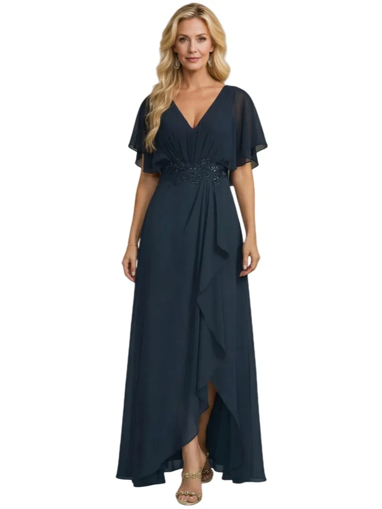 Elegant V-Neck Side Slit Flutter Sleeves Chiffon A-Line Mother of The Bride Dresses sold by ChicSew