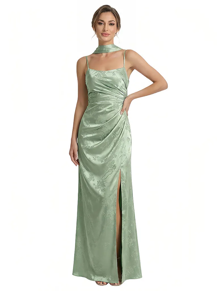 Elegant Jacquard Satin Spaghetti Straps Side Slit Mermaid Long Formal Evening Dresses sold by ChicSew