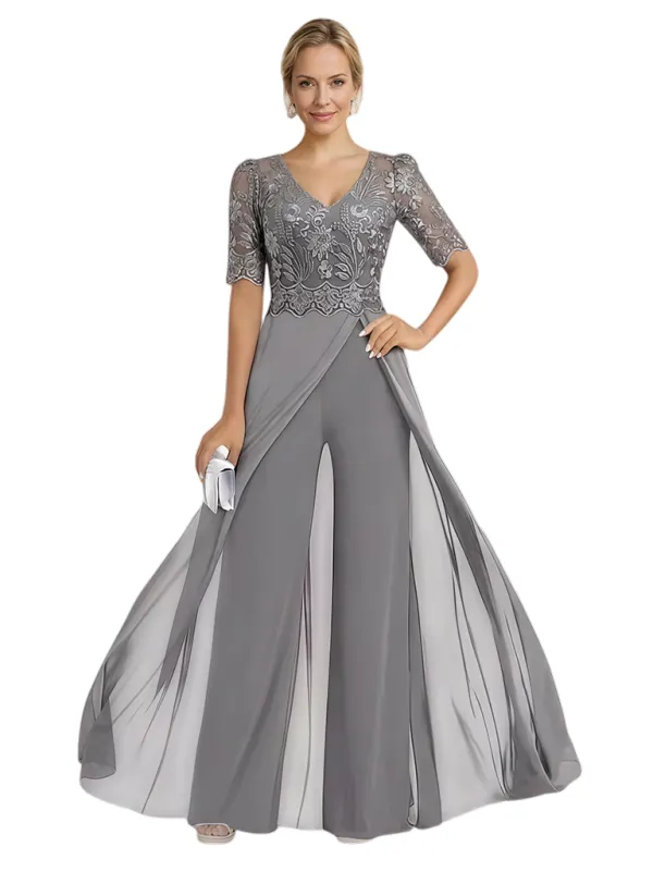 Elegant V-neck Chiffon And Lace Half Sleeves Pantsuit For Mother Of The Bride OverSkirt sold by ChicSew