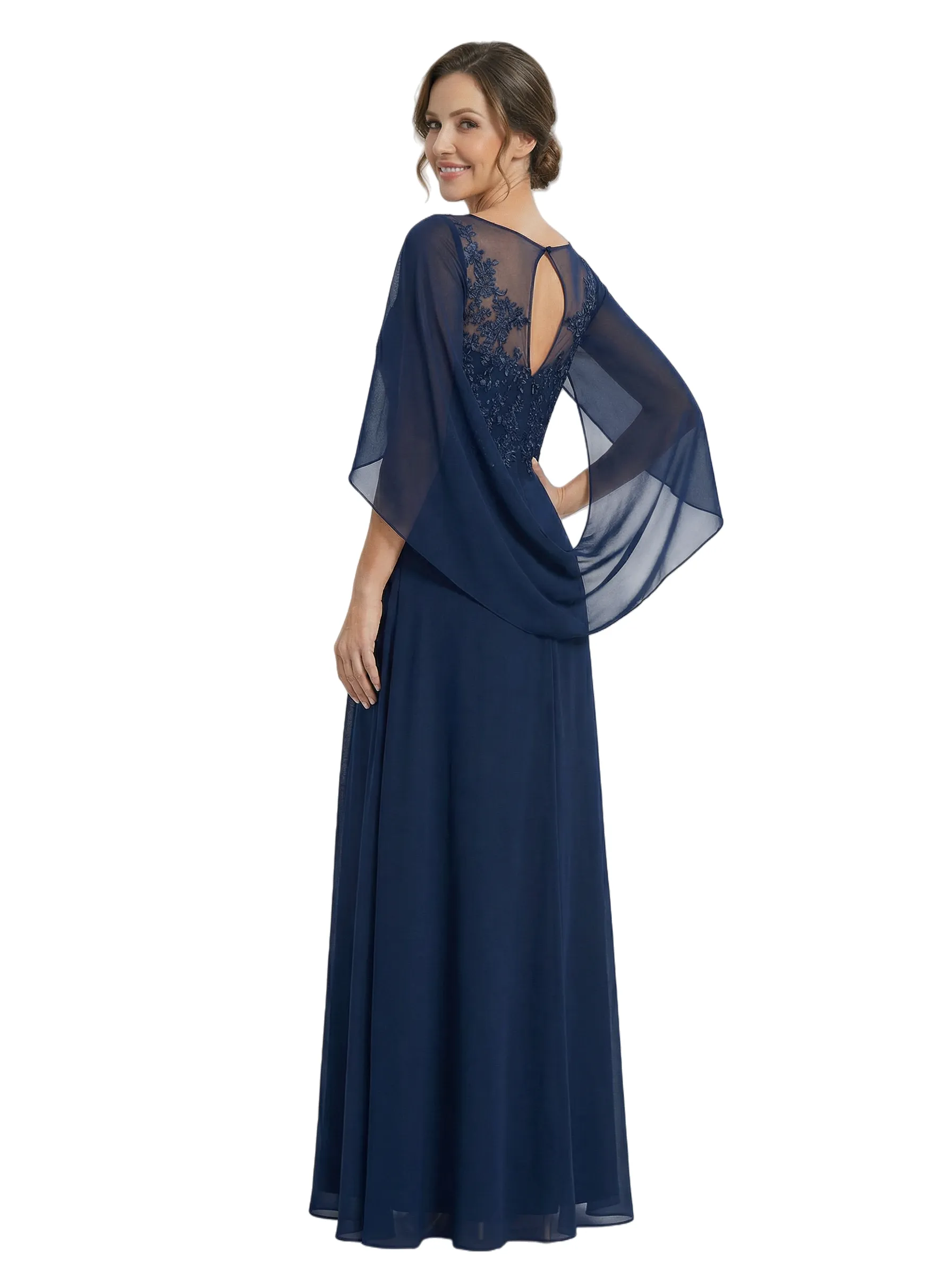 Elegant Cascading Ruffles Cape Lace Chiffon A-Line Mother of The Bride Dresses sold by ChicSew product image thumbnail 2