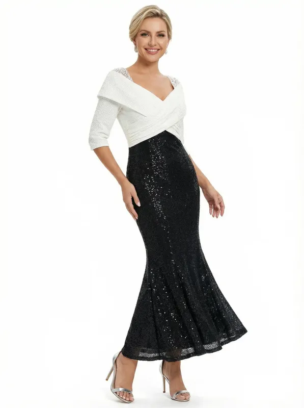 Elegant Black And White Sequin V-Neck Mermaid Half Sleeves Ankle-Length Mother Of The Bride Dresses sold by ChicSew