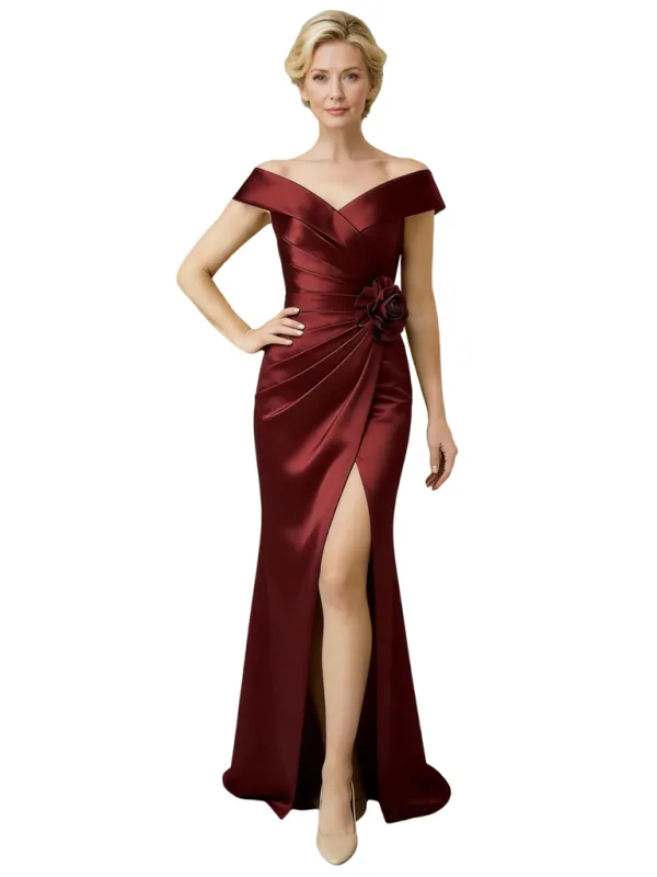 Elegant V-Neck Cap Sleeves Ruched Satin Side Slit Mermaid Mother Of The Bride Dresses sold by ChicSew