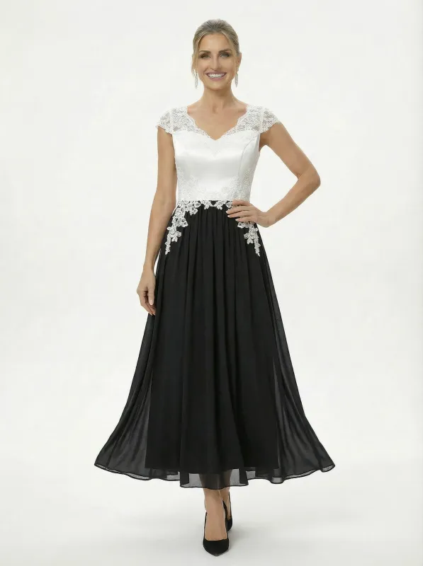 Elegant Black And White Chiffon V-Neck A-Line Cap Sleeves Ankle-Length Mother Of The Bride Dresses sold by ChicSew