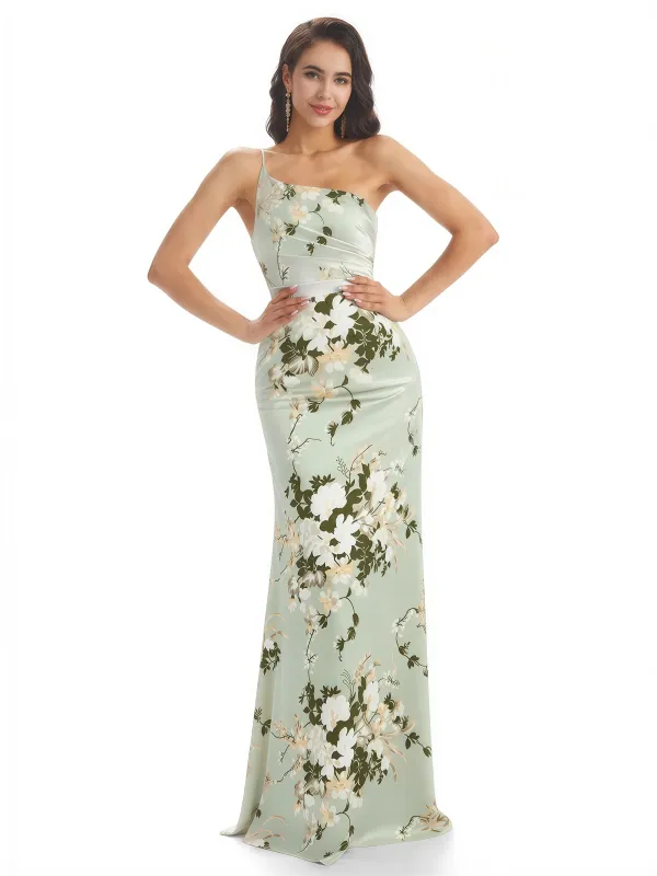 Elegant One Shoulder Mermaid Long Satin Floral Formal Dresses For Women sold by ChicSew