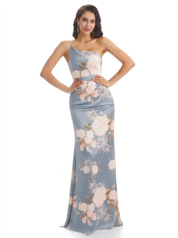 Elegant One Shoulder Mermaid Long Satin Floral Formal Dresses For Women sold by ChicSew