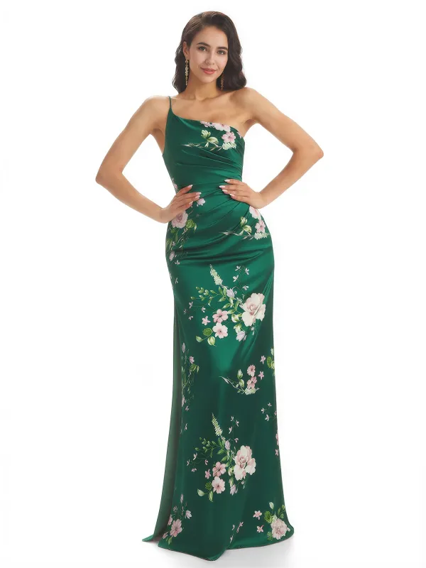 Elegant One Shoulder Mermaid Long Satin Floral Formal Dresses For Women sold by ChicSew