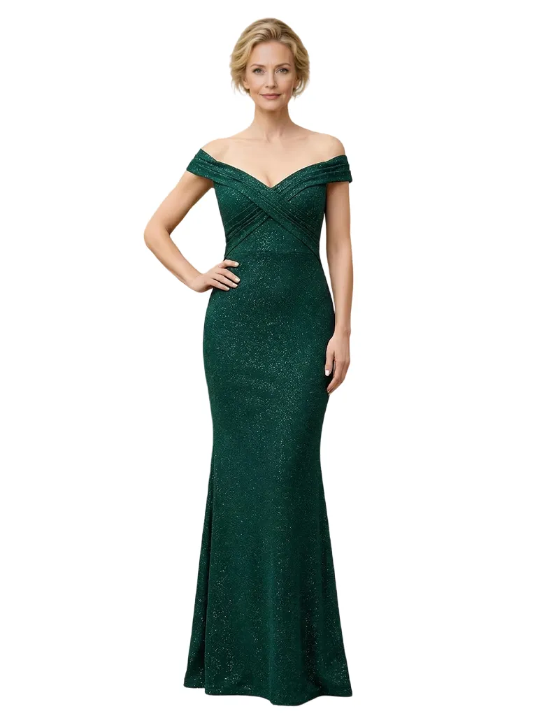 Elegant Off Shoulder V-Neck Mermaid Glitter Jersey Floor-Length Mother Of The Bride Dresses sold by ChicSew