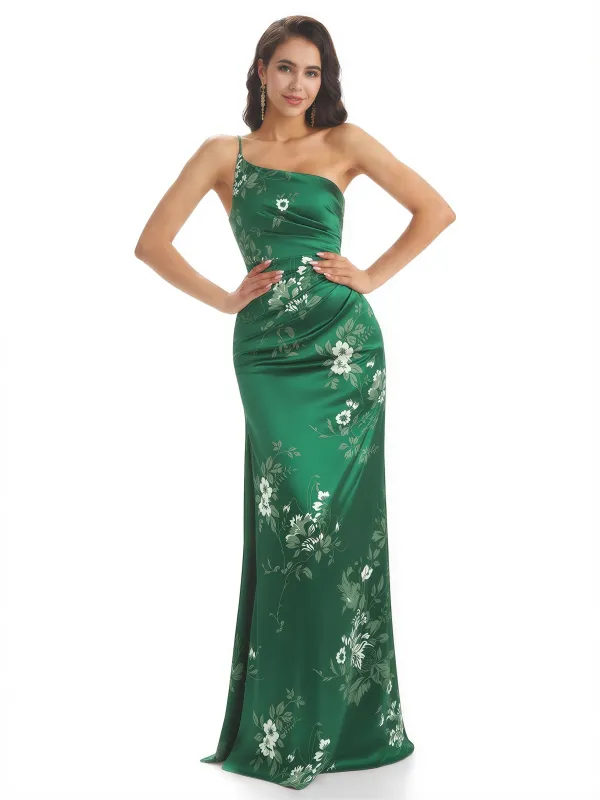 Elegant One Shoulder Mermaid Long Satin Floral Formal Dresses For Women sold by ChicSew