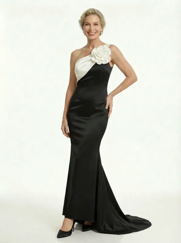 Elegant Black And White Satin Mermaid One Shoulder Long Mother Of The Bride Dresses sold by ChicSew