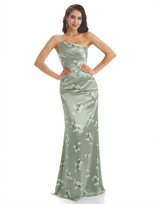 Elegant One Shoulder Mermaid Long Satin Floral Formal Dresses For Women sold by ChicSew