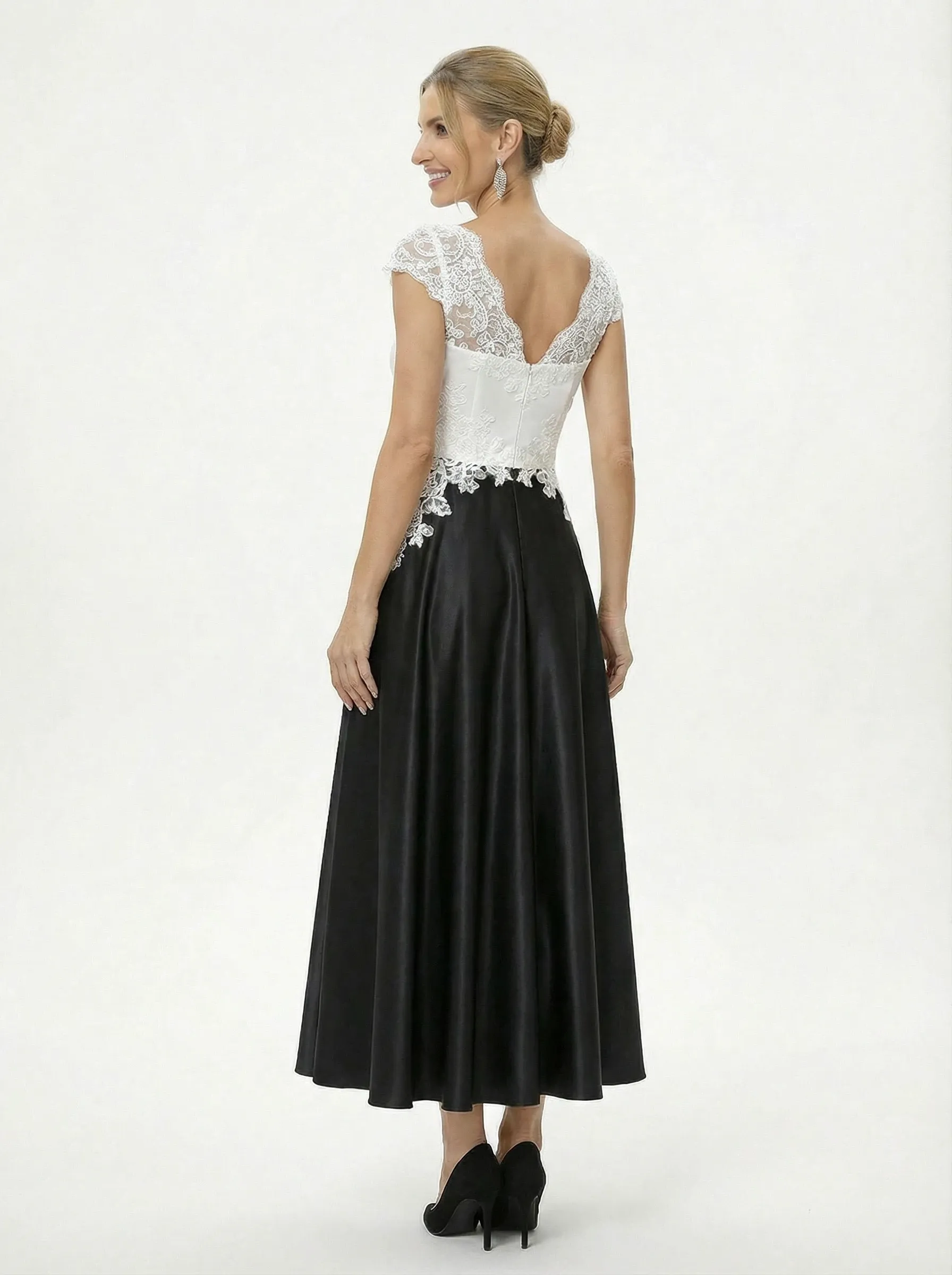 Elegant Black And White Satin V-Neck A-Line Cap Sleeves Ankle-Length Mother Of The Bride Dresses sold by ChicSew product image thumbnail 3