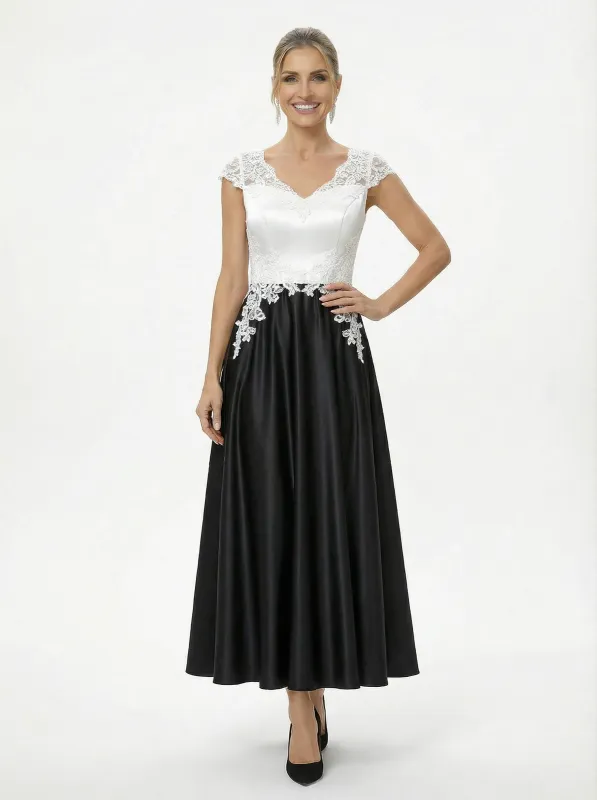 Elegant Black And White Satin V-Neck A-Line Cap Sleeves Ankle-Length Mother Of The Bride Dresses sold by ChicSew