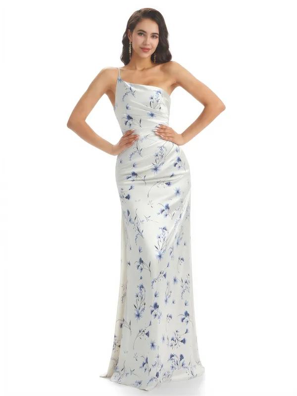 Elegant One Shoulder Mermaid Long Satin Floral Formal Dresses For Women sold by ChicSew