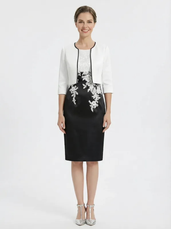 Elegant Black And White Satin One Shoulder Sheath Midi Mother Of The Bride Dresses With Jacket sold by ChicSew