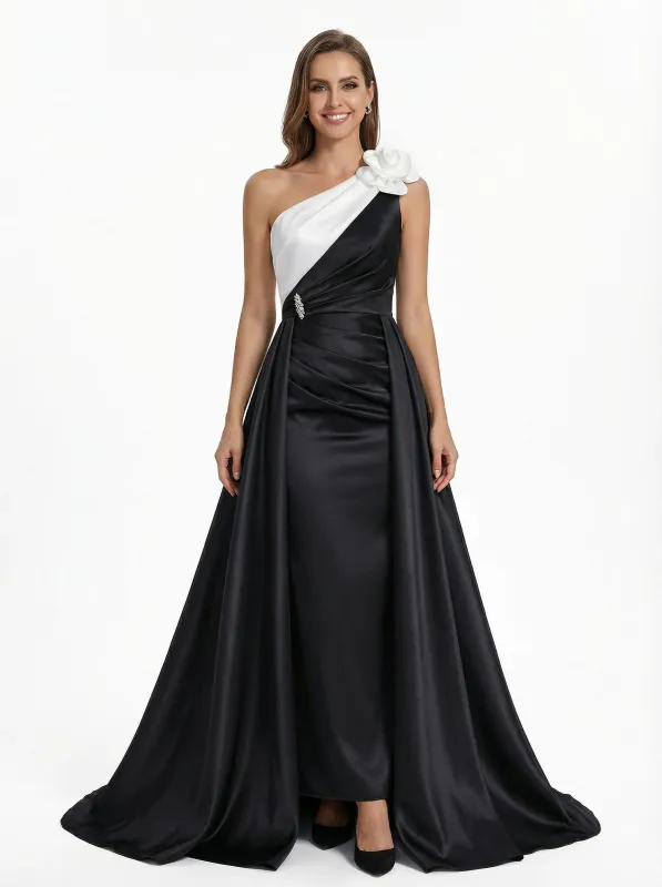 Elegant Black And White Satin One Shoulder A-Line Long Mother Of The Bride Dresses OverSkirt sold by ChicSew