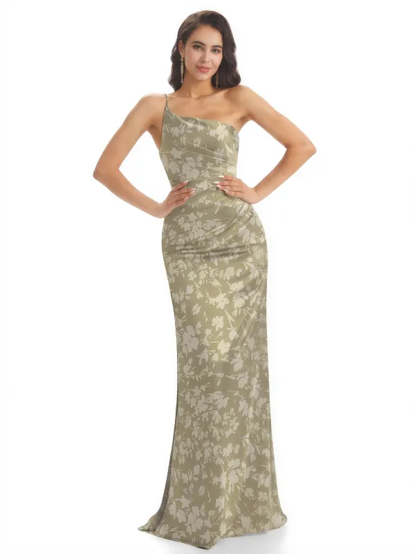 Elegant One Shoulder Mermaid Long Satin Floral Formal Dresses For Women sold by ChicSew