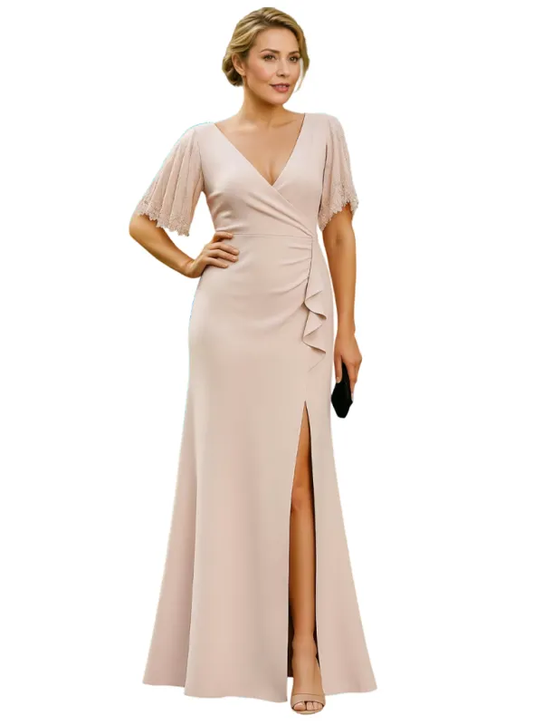 Elegant Flutter Sleeve Crepe Mermaid Side Slit Long Mother of The Bride Dresses sold by ChicSew