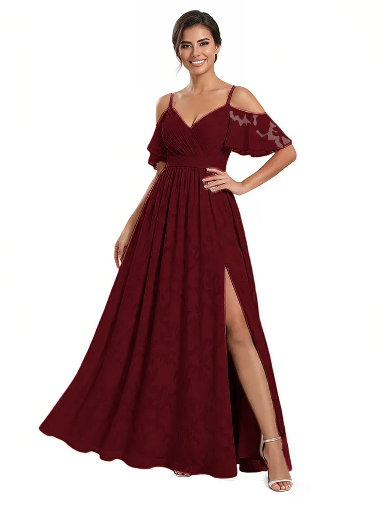Elegant Cold Shoulder Side Slit Floral Burnout Chiffon Ruched A-Line Long Formal Evening Dresses sold by ChicSew product image thumbnail 5